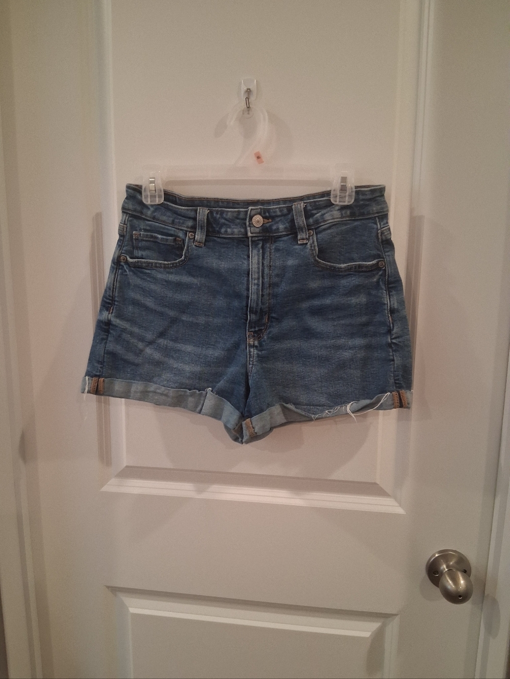 American Eagle Outfitters Medium Blue High-Rise Rolled Hem Jean Shorts Mom Short